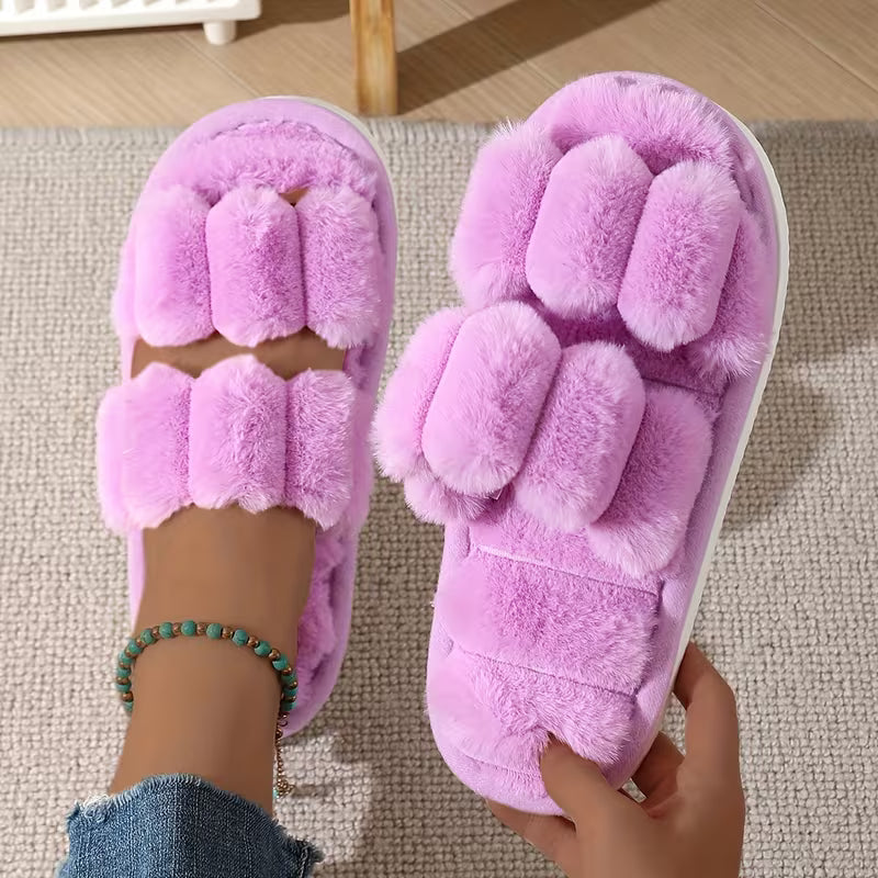 Women's Plush Half-Toe Slippers Striped Open-Toe Indoor Footwear