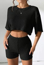 Women's Crew Neck Crop Tee Shorts Set ElYSSZJYY-6475