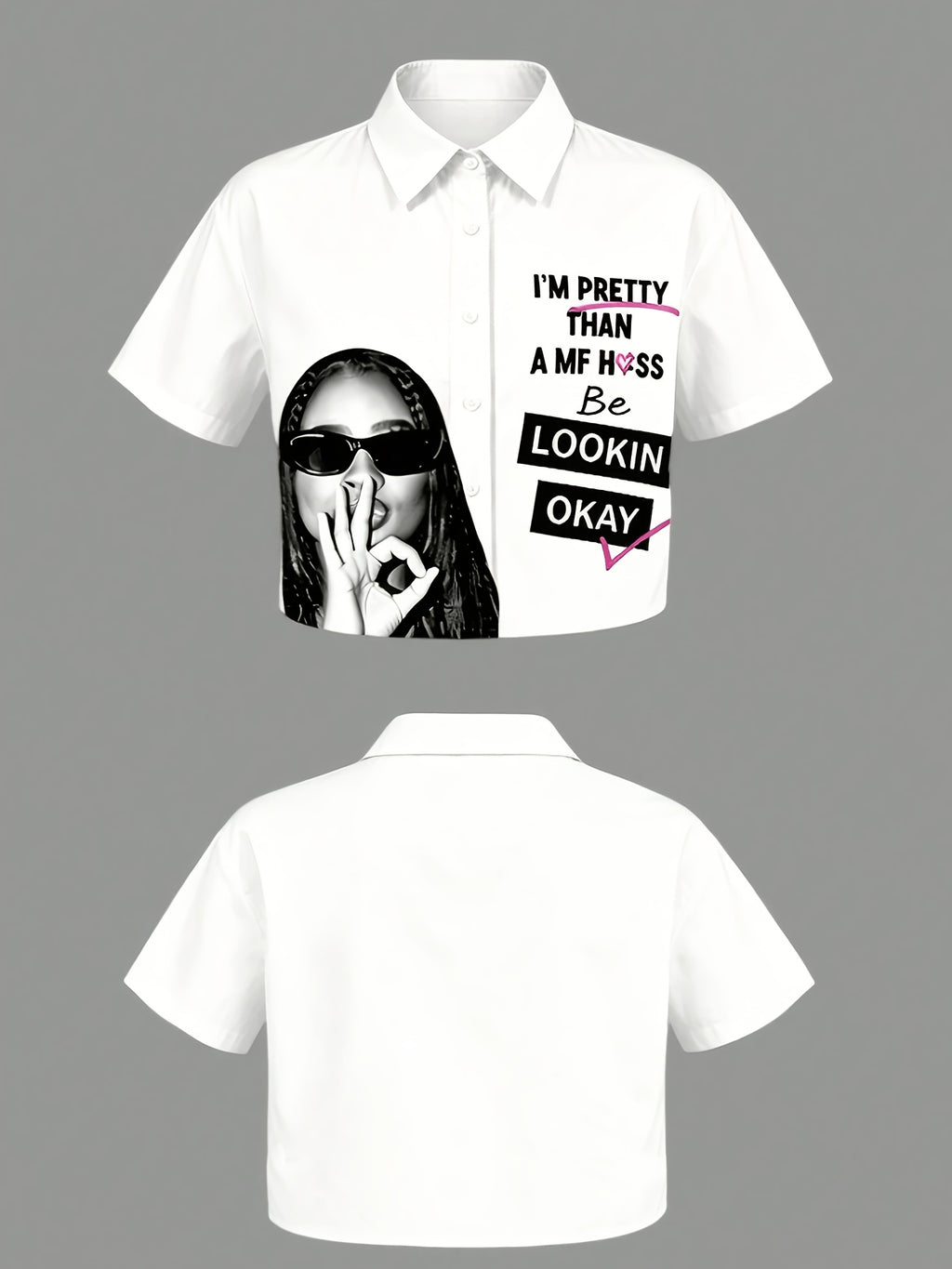 Women's Elegant OK Gesture Printed Lapel Collar Shirt
