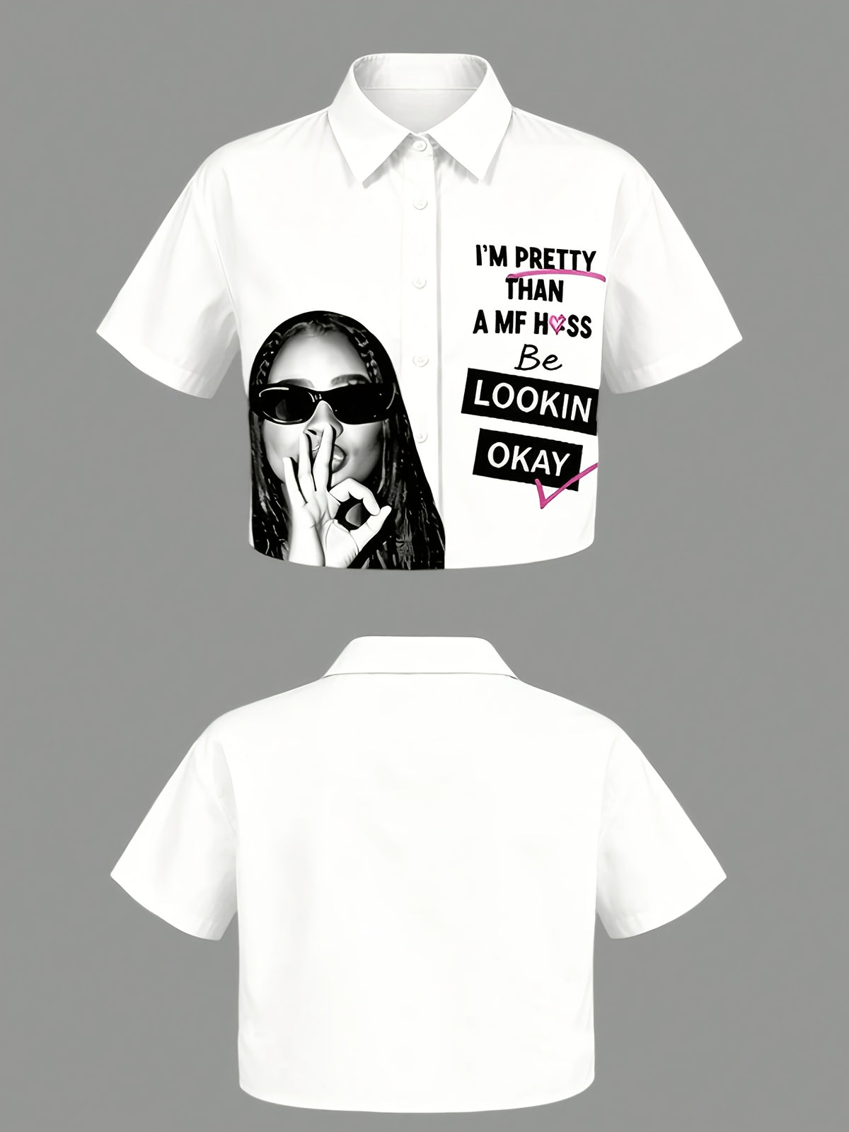 Women's Elegant OK Gesture Printed Lapel Collar Shirt