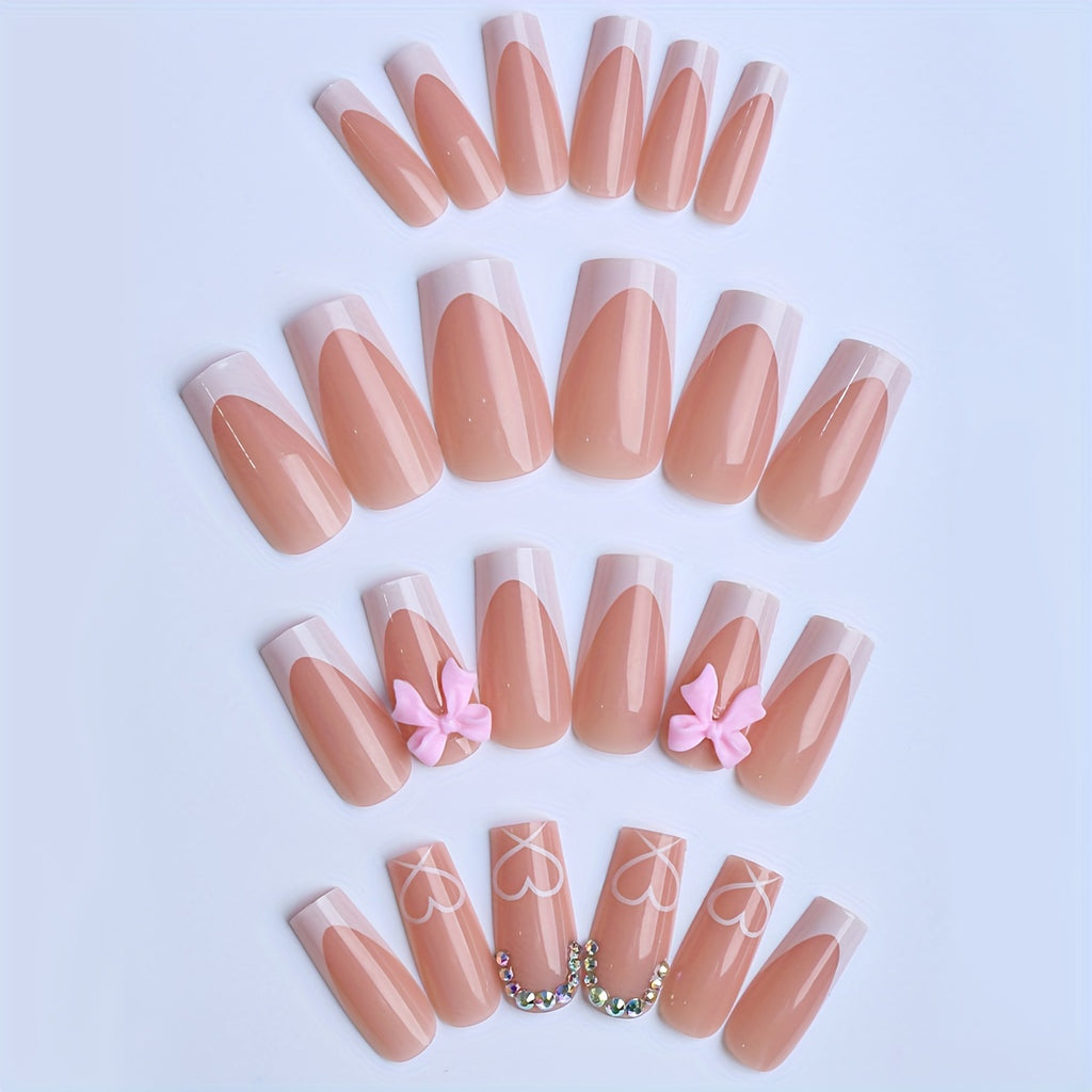 Women's 24-Piece Medium Long Square Rhinestone Bow Press-On Nails