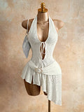 Women's Sexy Backless Halter Tie-Up Mini Dress Asymmetrical