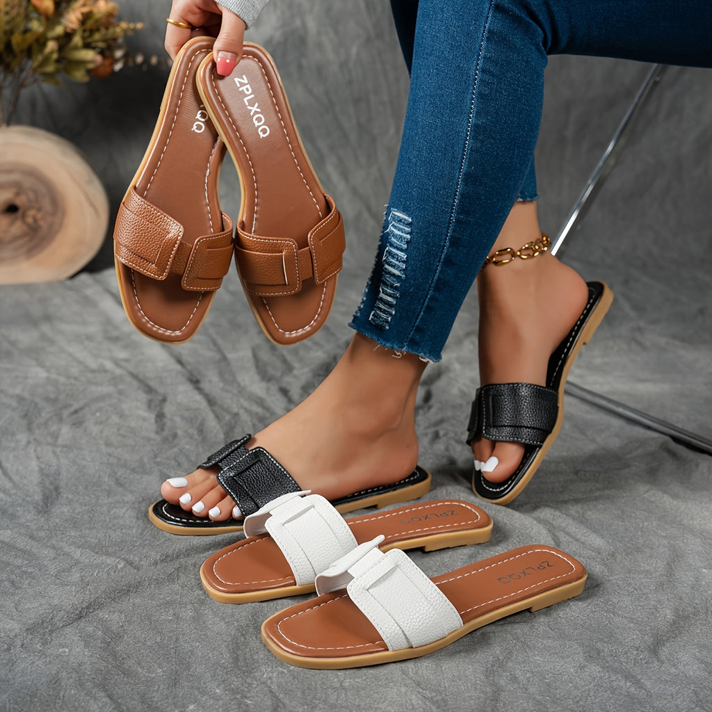 Women's Vintage Square Toe Woven Buckle Flat Sandals