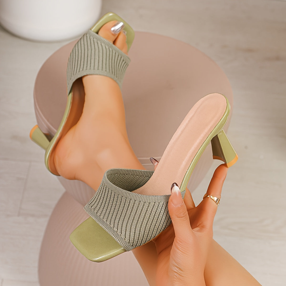 Women's Square Toe Chunky Heel Knitted Sandals