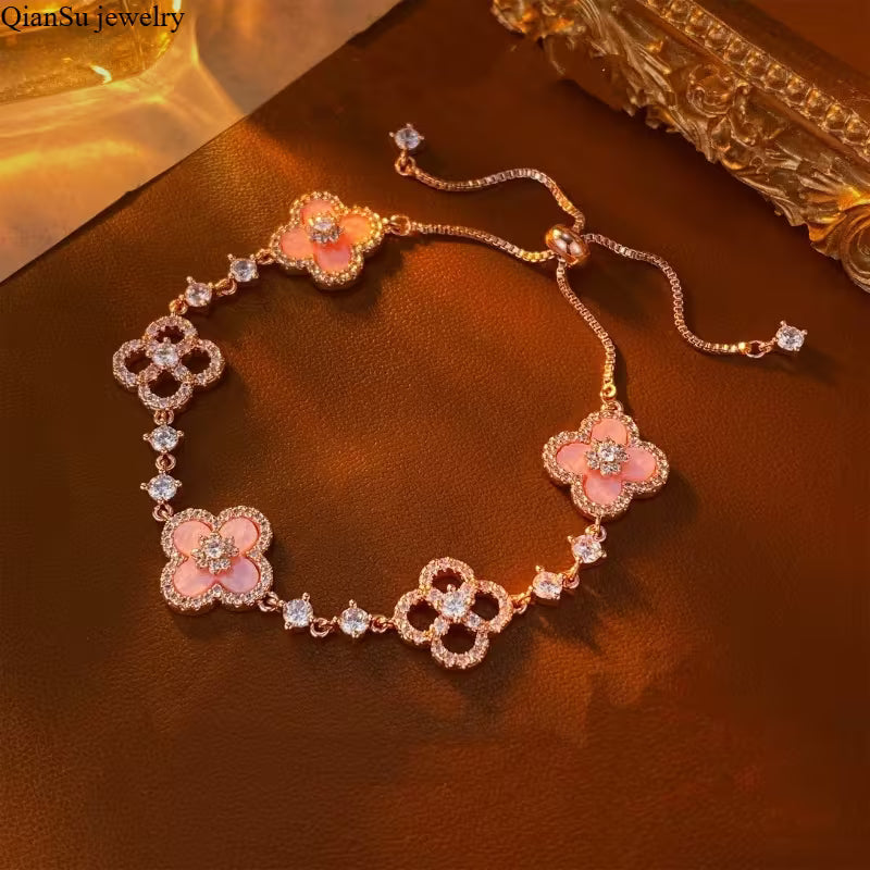 Women's Lucky Clover Charm Adjustable Rhinestone Bracelet Jewelry