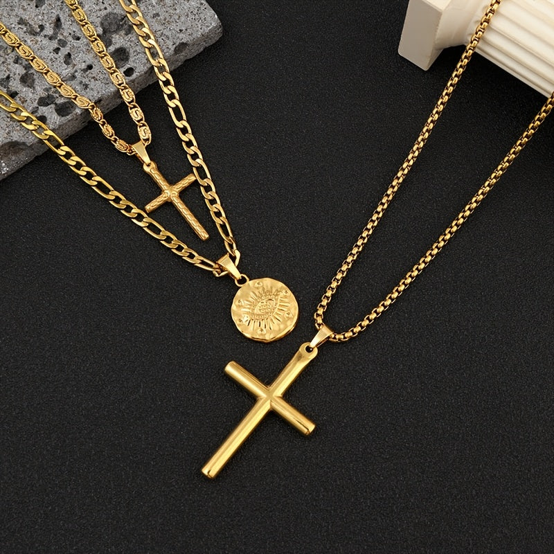 Unisex Cross Disc Pendant Plated Stainless Steel 3-Piece Necklace Jewelry