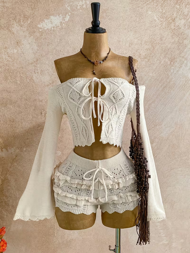 Women's Fashionable Shoulder Tie Front 2-Piece Sweater Set