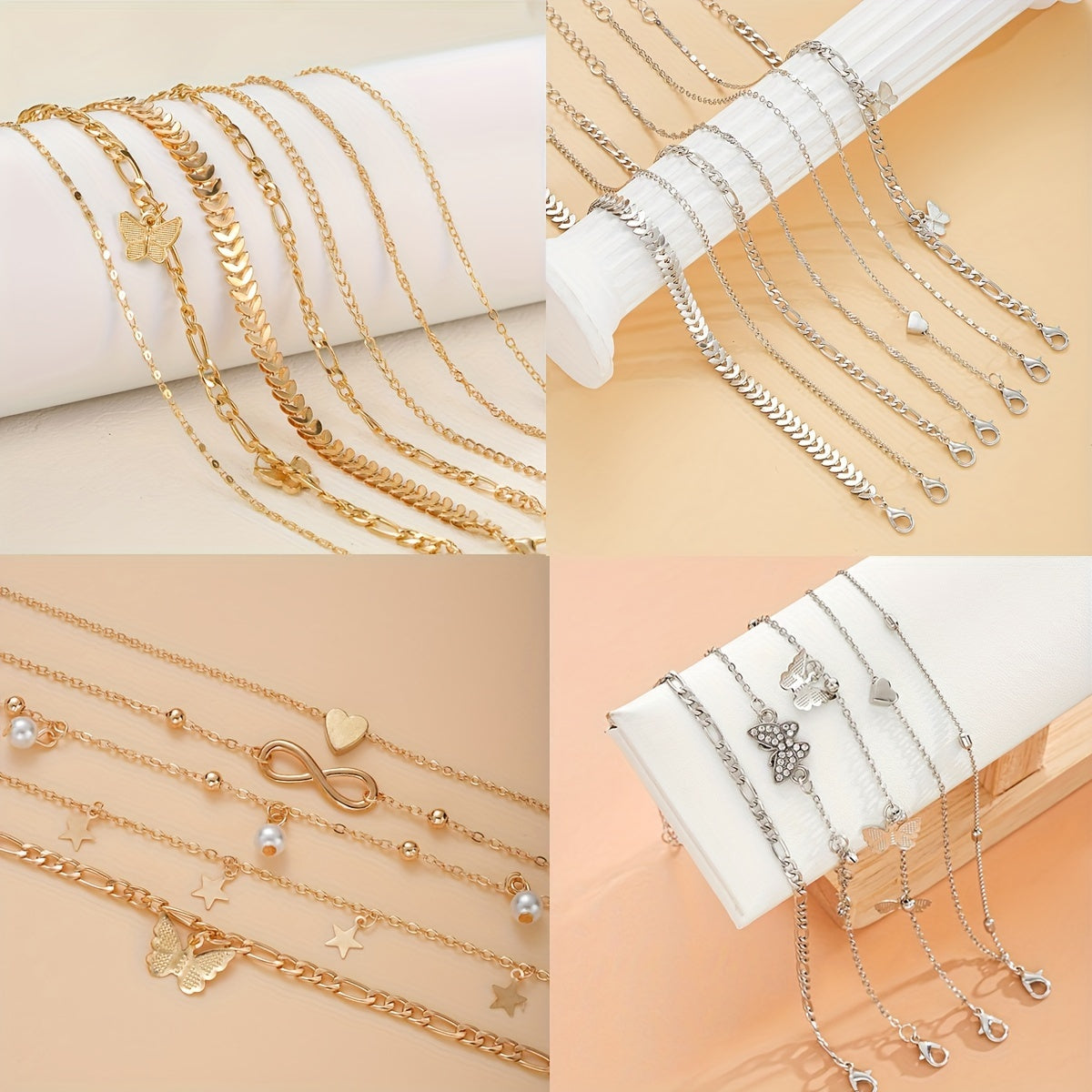 Women's Faux Pearl Butterfly Geometric 22-Piece Anklet Set Jewelry