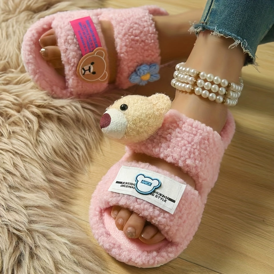 Women's Fluffy Cartoon Bear Patch Flat Sole Slippers