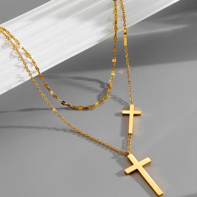 Unisex Double Layer Cross Pendant 18K Gold Plated Stainless Steel Necklace Jewelry