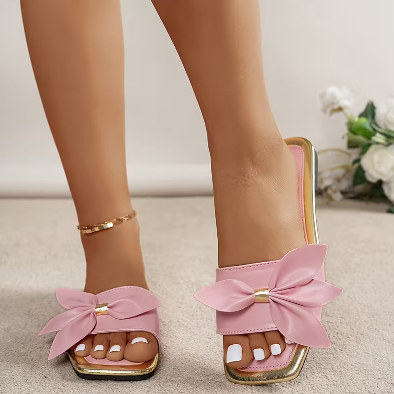 Women's Elegant Bow Knot Square Toe Flat Sandals