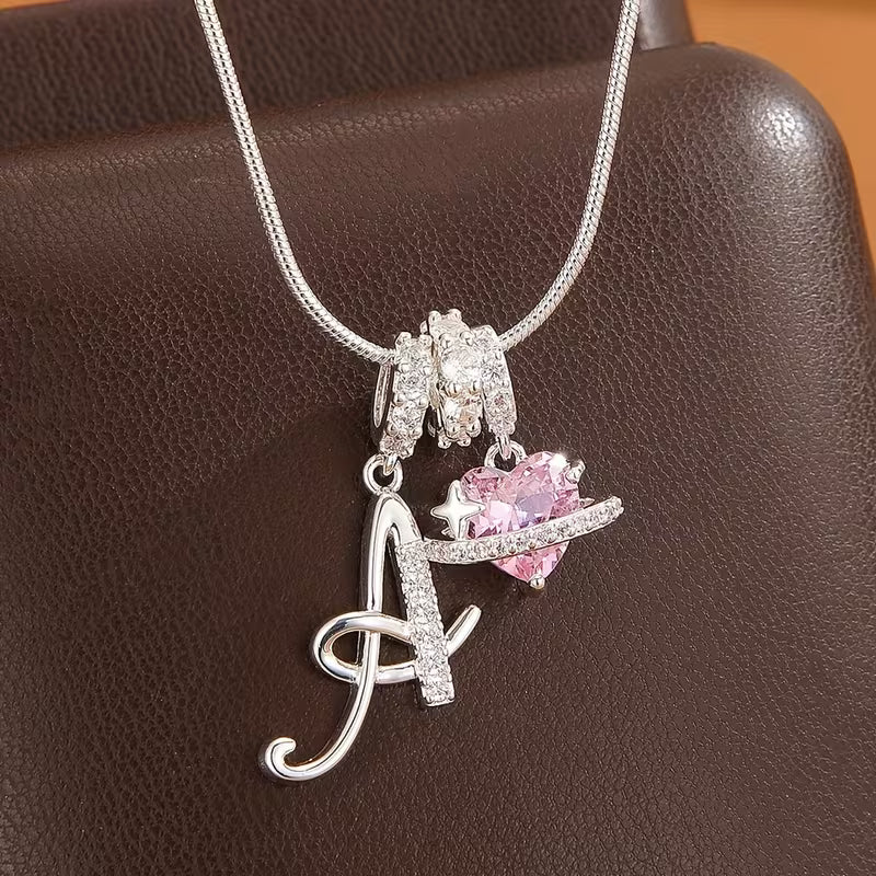 Women's Pink Heart Initial Letter Pendant Clavicle Chain Necklace Jewelry