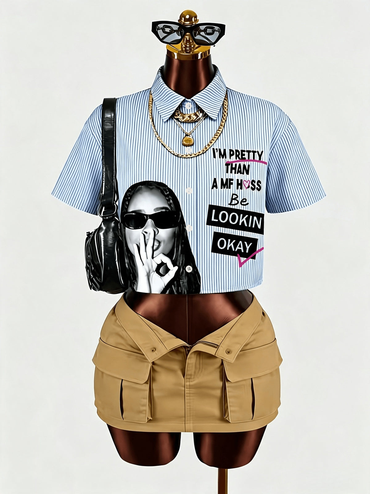 Women's Stylish Striped Portrait Print Lapel Collar Cropped Shirt