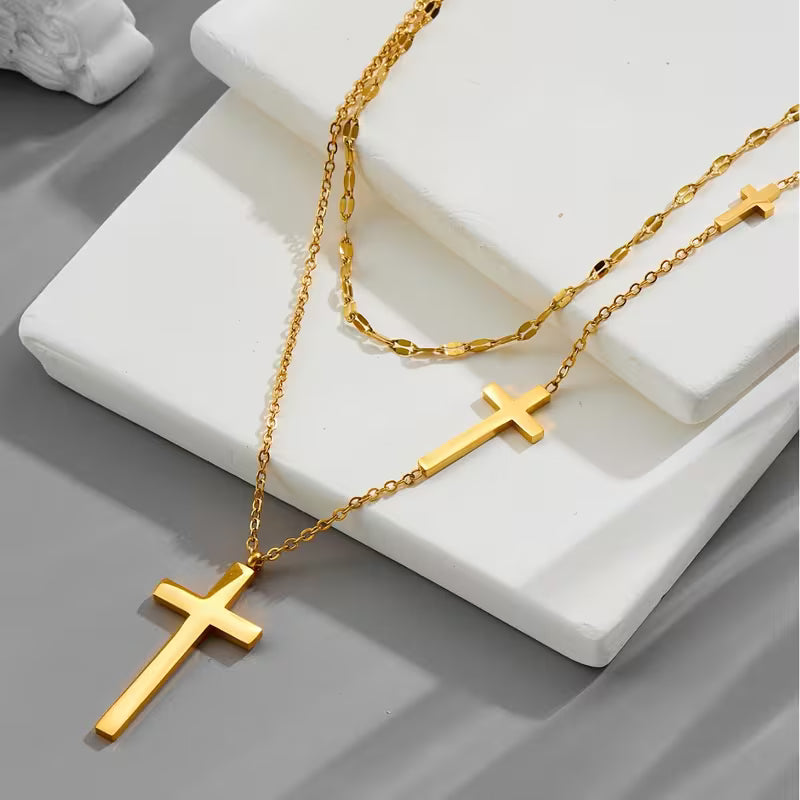 Unisex Double Layer Cross Pendant 18K Gold Plated Stainless Steel Necklace Jewelry