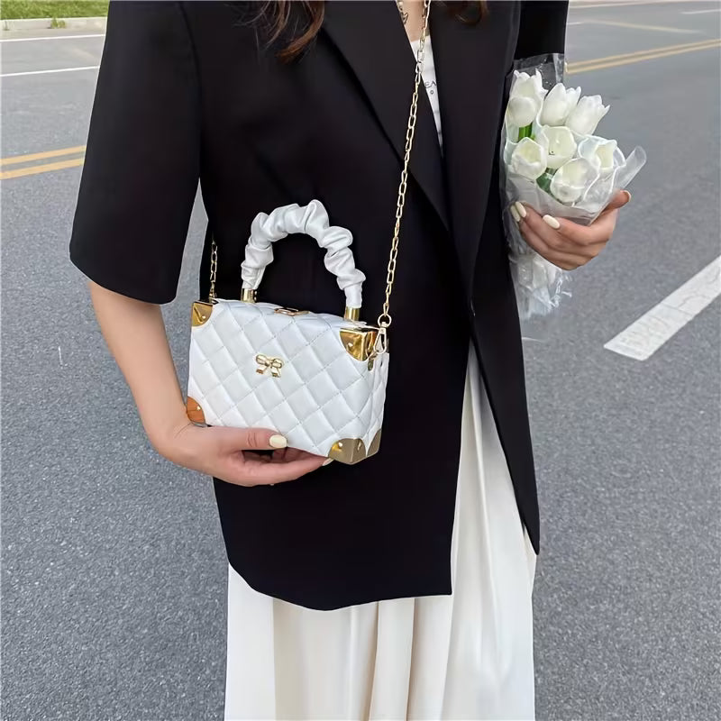 Women's Quilted Mini Box Bag Elegant Ruched Handle