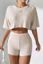 Women's Crew Neck Crop Tee Shorts Set ElYSSZJYY-6475