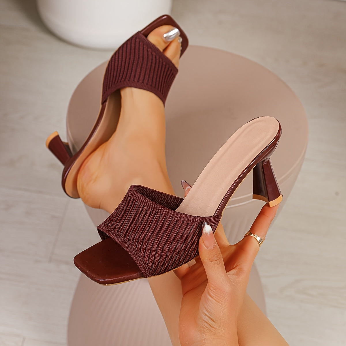 Women's Square Toe Chunky Heel Knitted Sandals