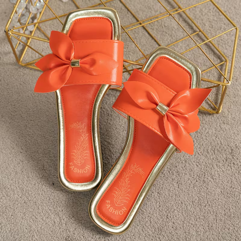 Women's Elegant Bow Knot Square Toe Flat Sandals