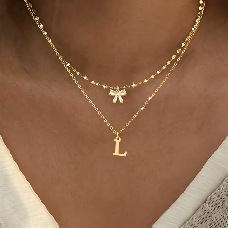 Women's Crystal Bow Initial Pendant Stainless Steel Lip Chain Necklace Set
