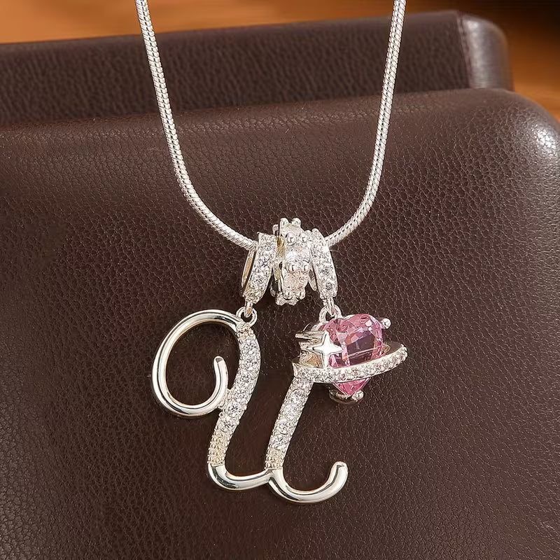 Women's Pink Heart Initial Letter Pendant Clavicle Chain Necklace Jewelry