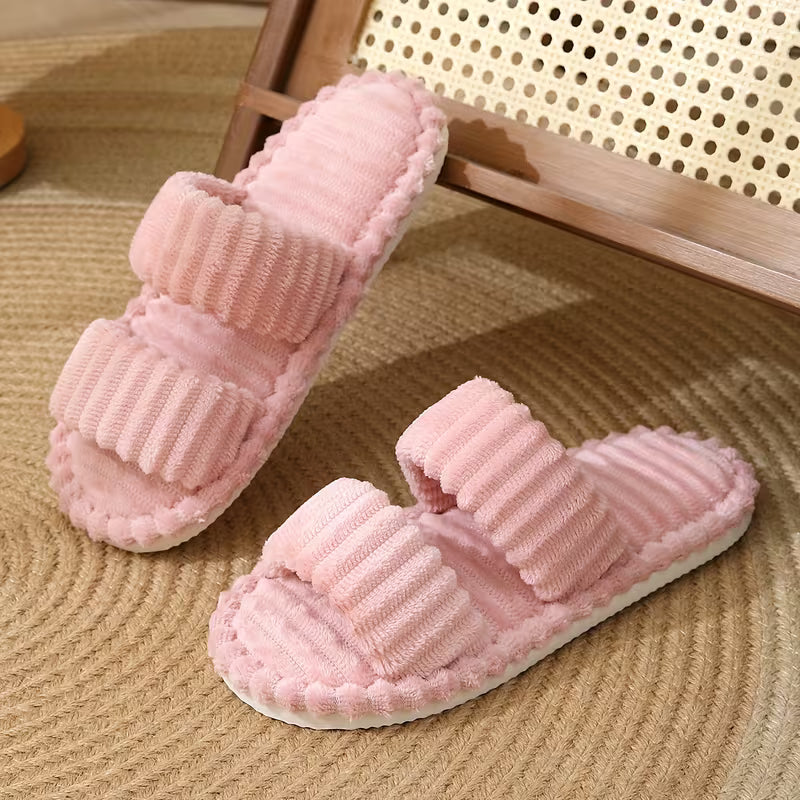 Women's Plush Half-Toe Slippers Striped Open-Toe Indoor Footwear