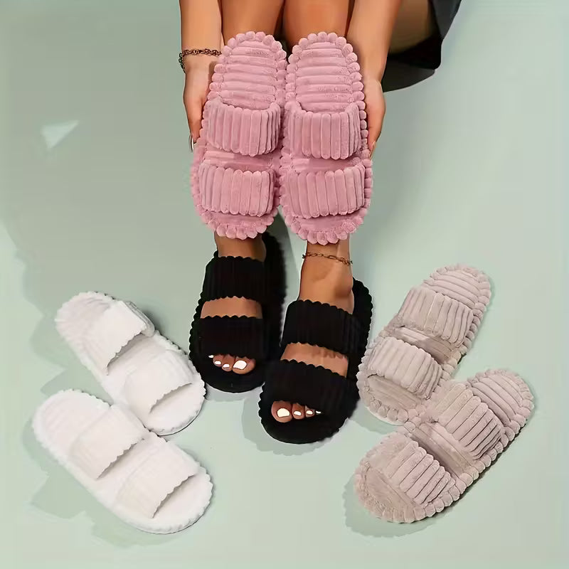 Women's Plush Half-Toe Slippers Striped Open-Toe Indoor Footwear