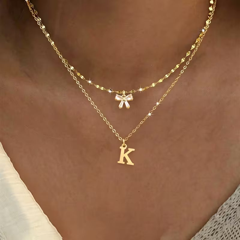 Women's Crystal Bow Initial Pendant Stainless Steel Lip Chain Necklace Set