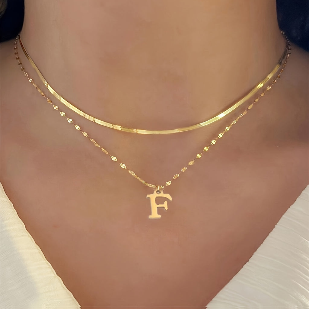 Women's Letter Pendant Necklace Layered Golden Stainless Steel