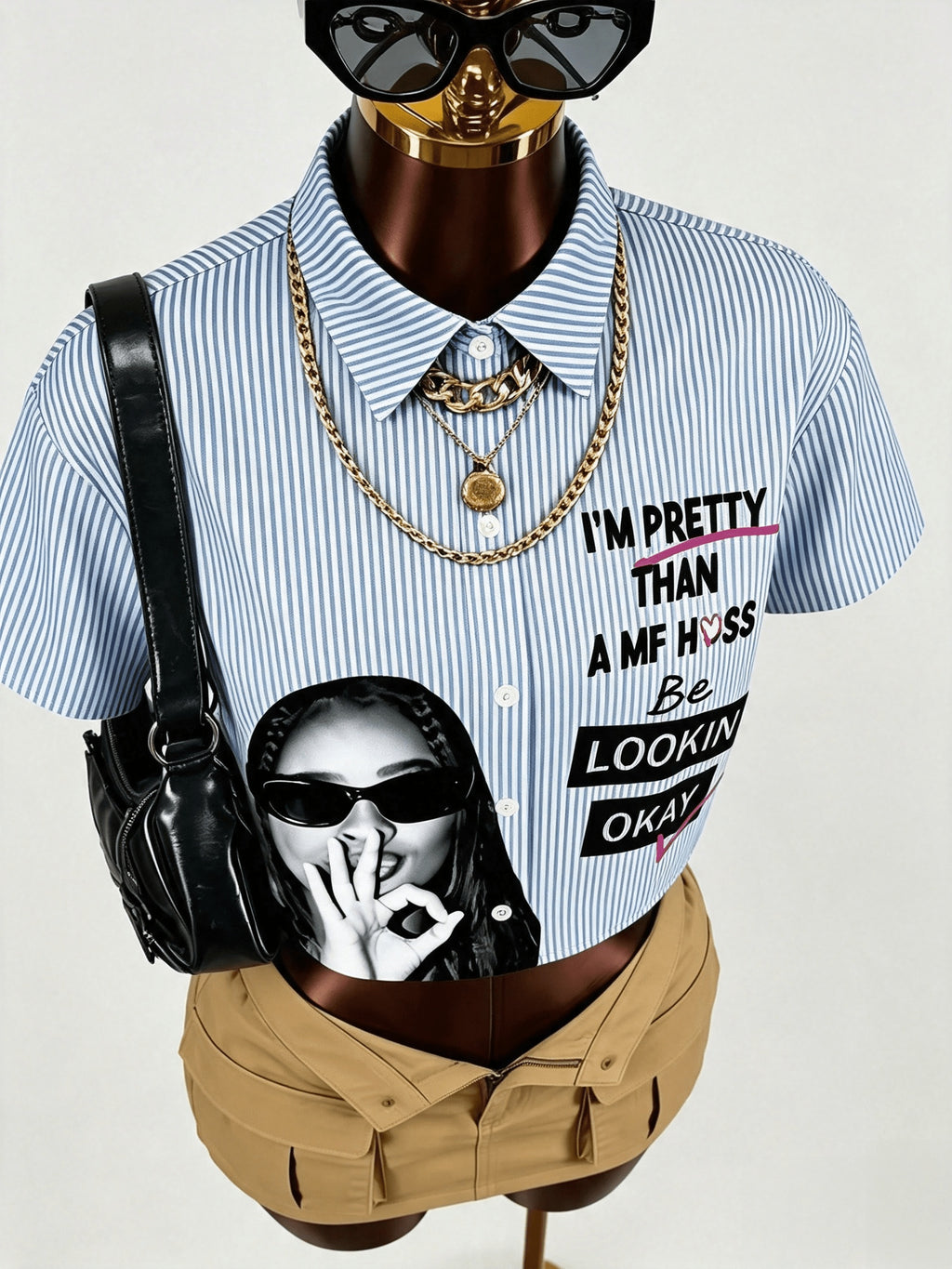 Women's Stylish Striped Portrait Print Lapel Collar Cropped Shirt