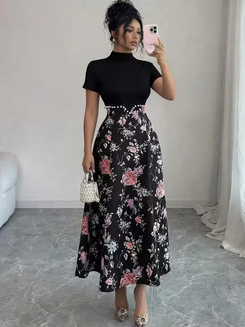 Women's Elegant Floral Print High Neck Dress Beaded Waist