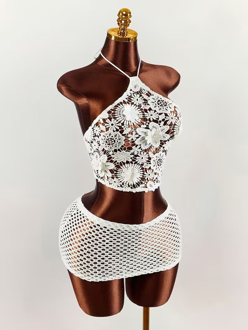 Women's Lace Halter Tie-Back Crop Top Mini Skirt Set