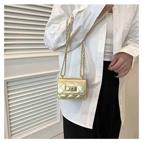 Kids' Diamond Golden Faux Leather Lock Mini Chain Crossbody Bag