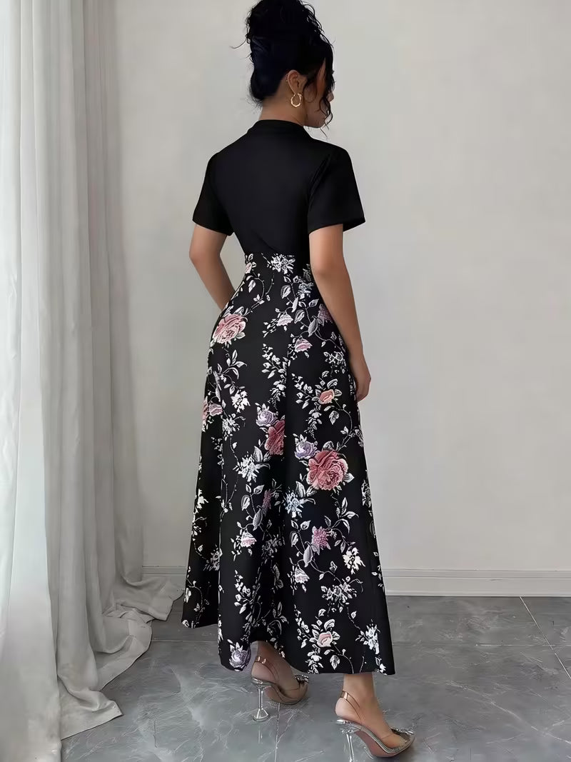 Women's Elegant Floral Print High Neck Dress Beaded Waist