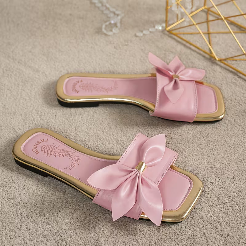 Women's Elegant Bow Knot Square Toe Flat Sandals