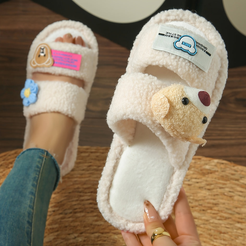 Women's Fluffy Cartoon Bear Patch Flat Sole Slippers
