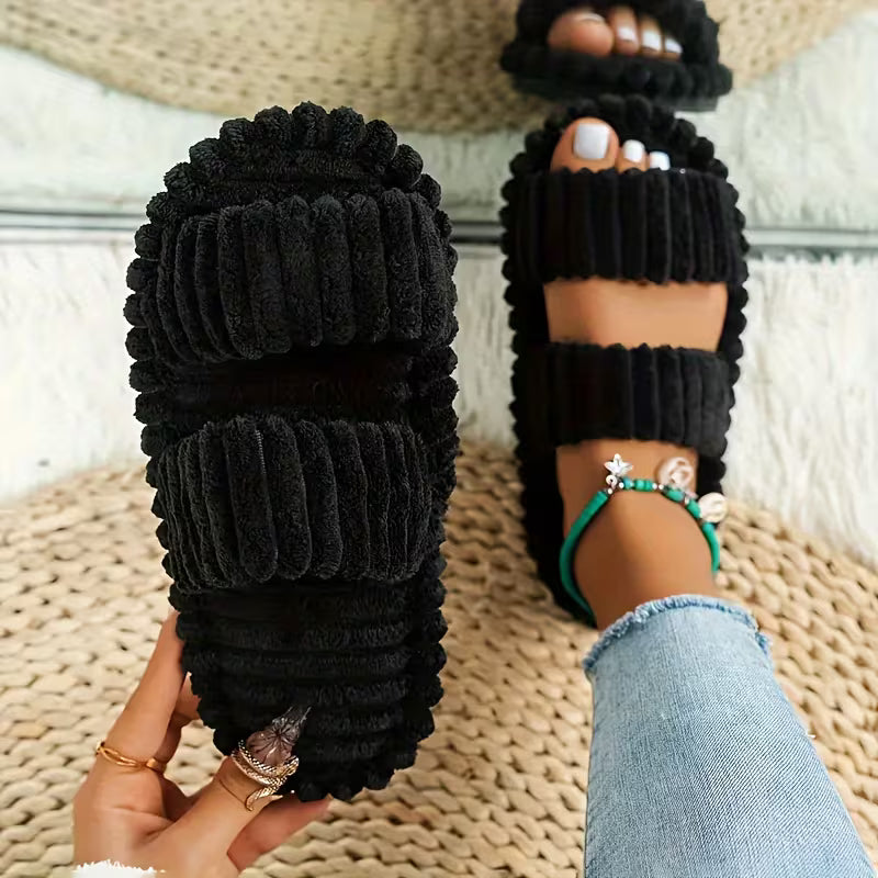Women's Plush Half-Toe Slippers Striped Open-Toe Indoor Footwear