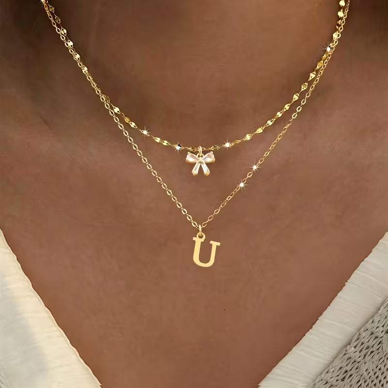 Women's Crystal Bow Initial Pendant Stainless Steel Lip Chain Necklace Set