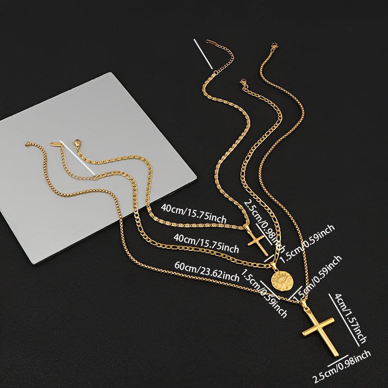 Unisex Cross Disc Pendant Plated Stainless Steel 3-Piece Necklace Jewelry