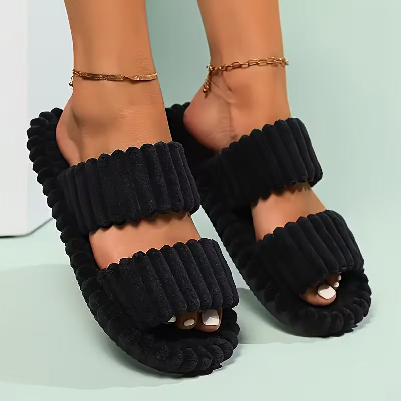 Women's Plush Half-Toe Slippers Striped Open-Toe Indoor Footwear