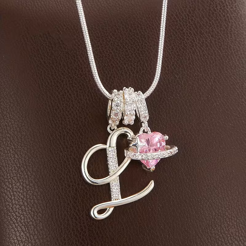 Women's Pink Heart Initial Letter Pendant Clavicle Chain Necklace Jewelry