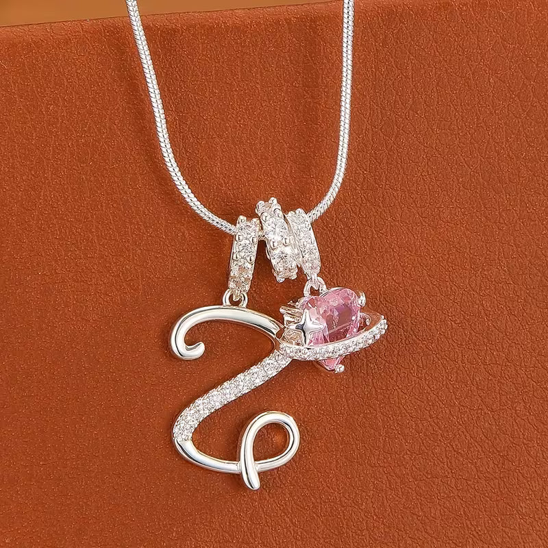 Women's Pink Heart Initial Letter Pendant Clavicle Chain Necklace Jewelry