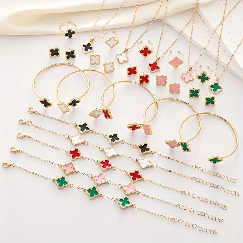 Women's Four-Leaf Clover Plated Matching Suite Bracelet Earrings Necklace Ring Jewelry Set