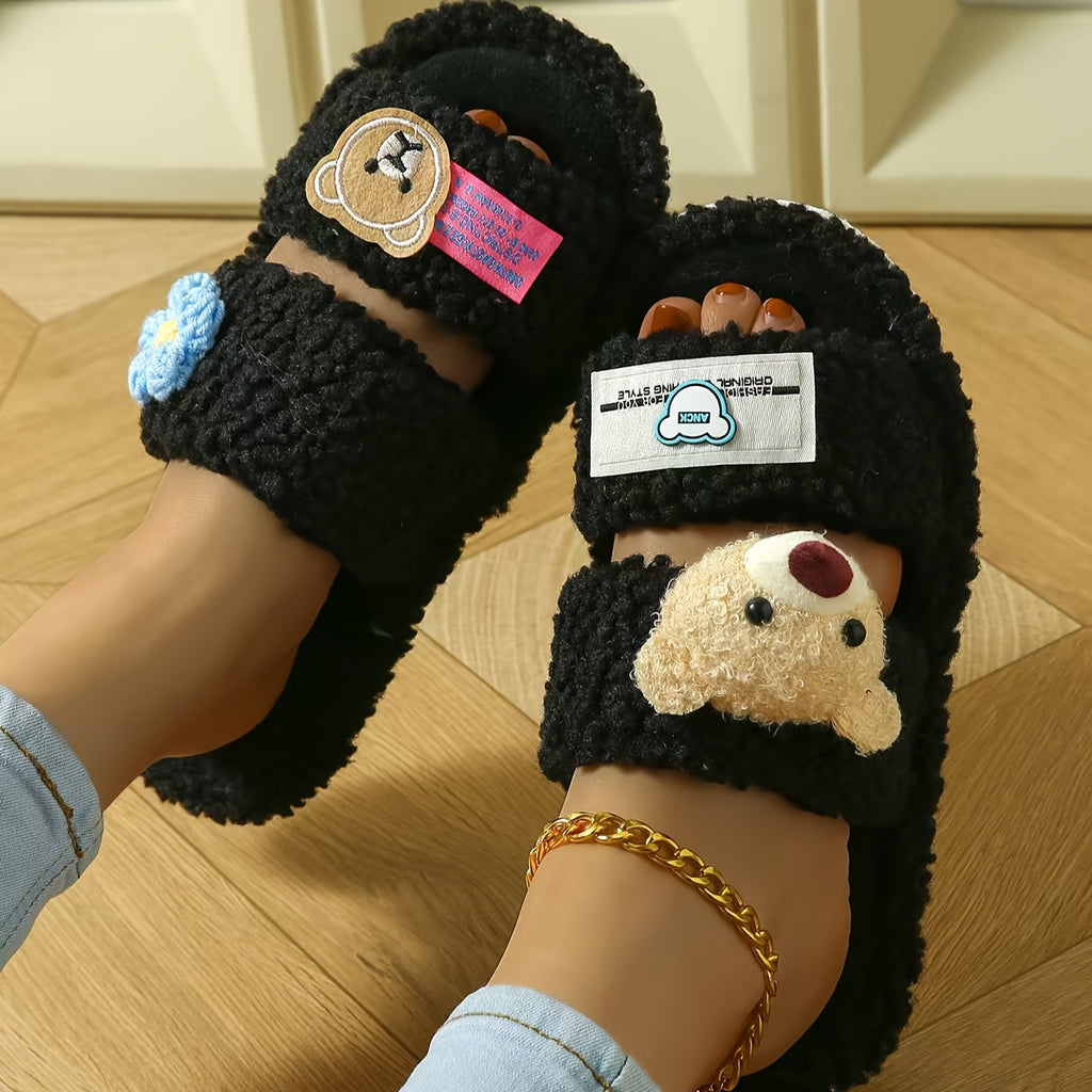 Women's Fluffy Cartoon Bear Patch Flat Sole Slippers