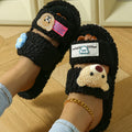 Women's Fluffy Cartoon Bear Patch Flat Sole Slippers