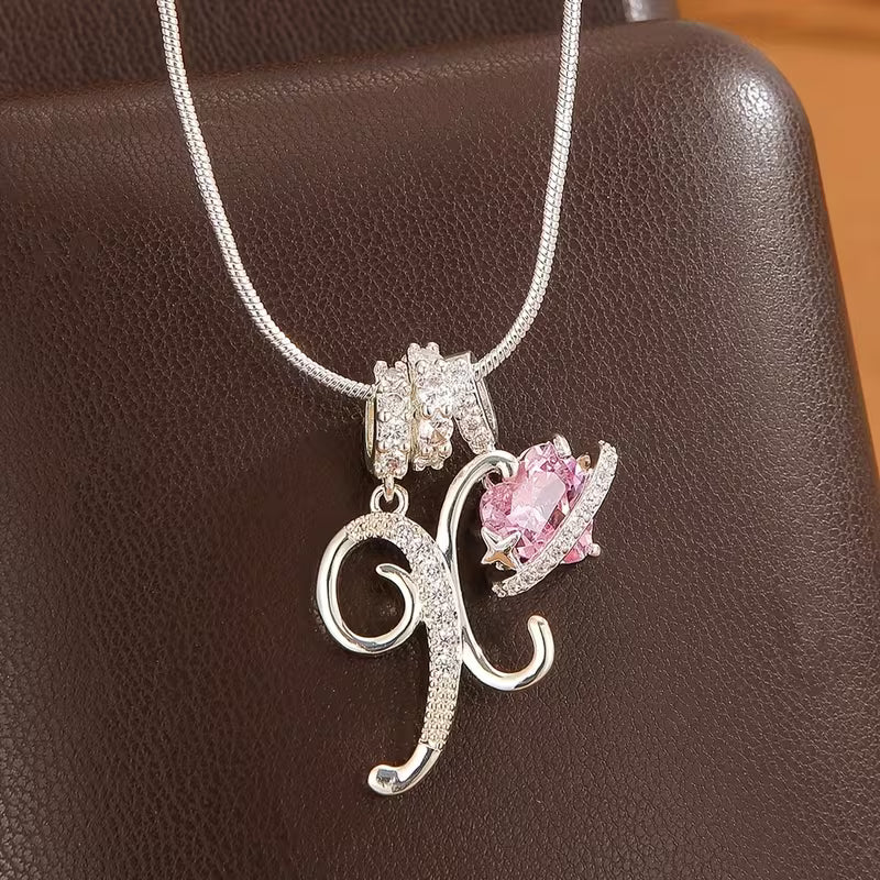 Women's Pink Heart Initial Letter Pendant Clavicle Chain Necklace Jewelry