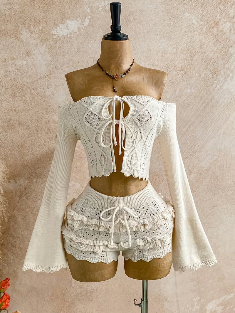 Women's Fashionable Shoulder Tie Front 2-Piece Sweater Set