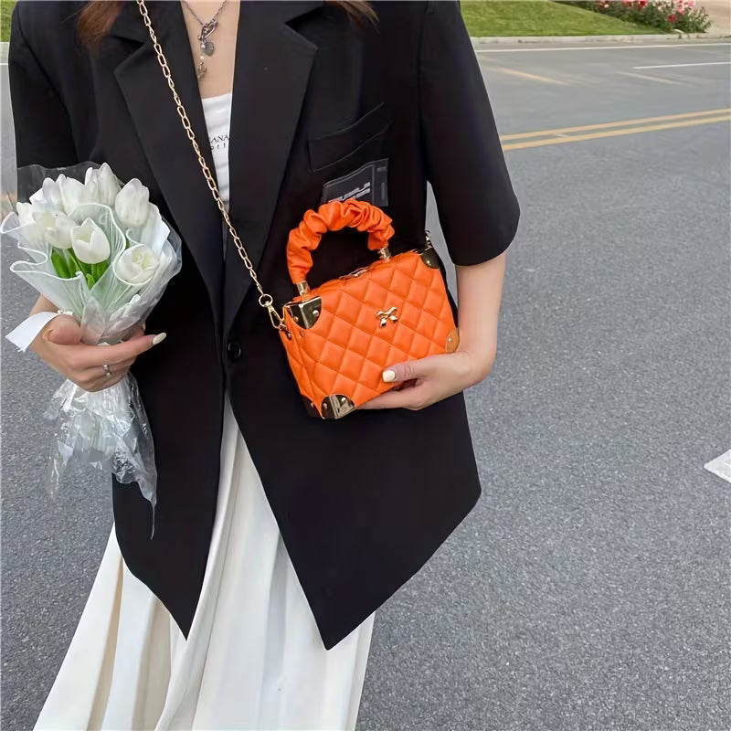 Women's Quilted Mini Box Bag Elegant Ruched Handle