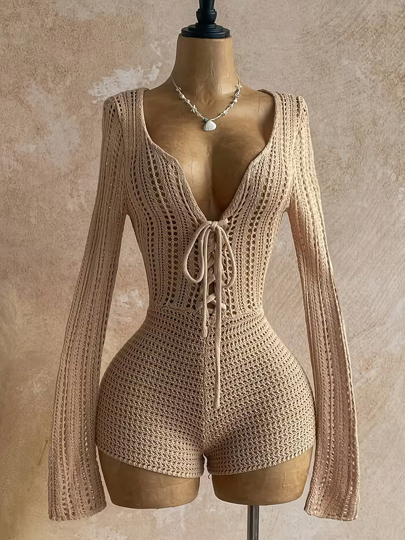 Women's Sexy V-Neck Hollow Backless Bandage Jumpsuit