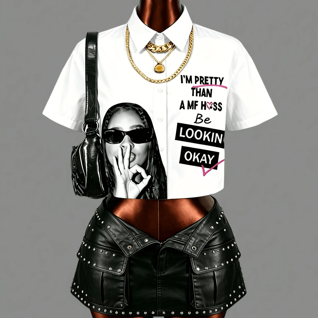 Women's Elegant OK Gesture Printed Lapel Collar Shirt
