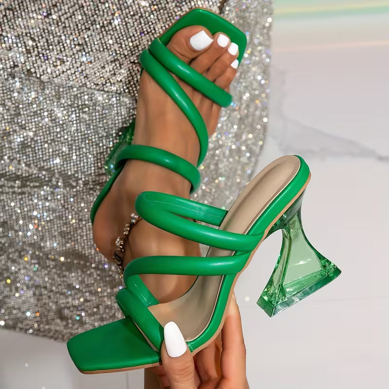 Women's Strappy Square Toe Transparent Heel Mules Elegant